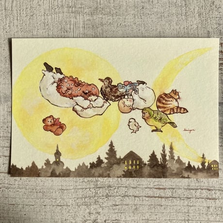 月と子供のポストカード 2枚セット (Set of 2, Moon and Children postcards)