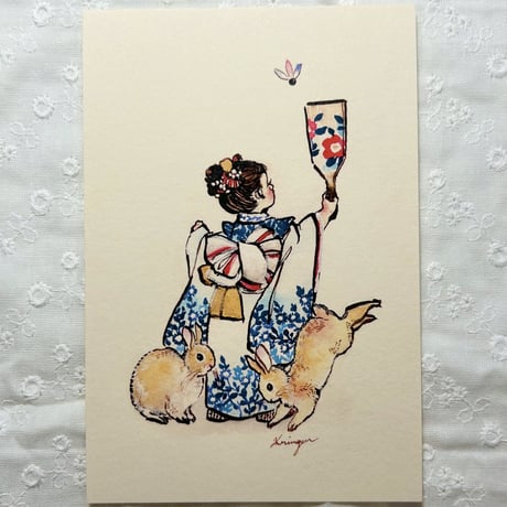 Kimono Girl with Rabbits ポストカード