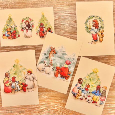 25K-47: "Deer, Rabbits, and Child" postcard （鹿とうさぎと子供のポストカード）