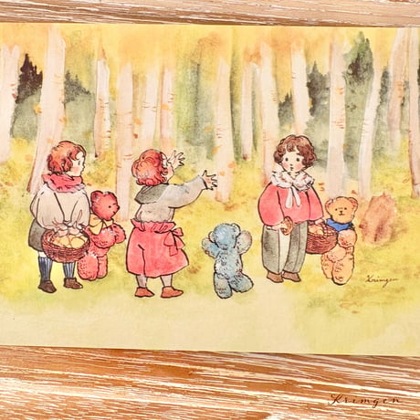 25K-34: "Three Kids in Autumn Woods" postcard