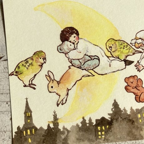 月と子供のポストカード 2枚セット (Set of 2, Moon and Children postcards)
