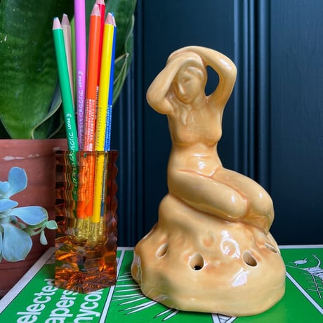 YELLOW CERAMIC NUDE WOMAN FLOWER FROG