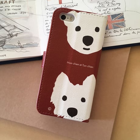 白ワンコ手帳型スマホケース /Brown