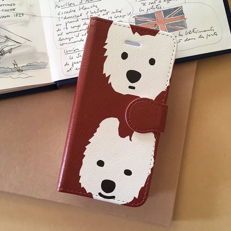 白ワンコ手帳型スマホケース /Brown