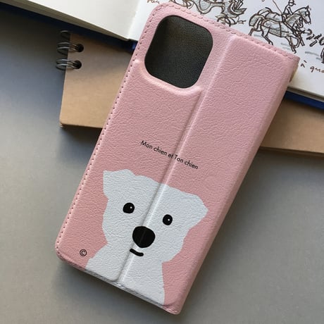 Aベルト無し 白ワンコ2人   手帳型 iPhone /android版はカメラ穴無し