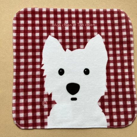 ハンカチタオル 白ワンコ ギンガムチェック