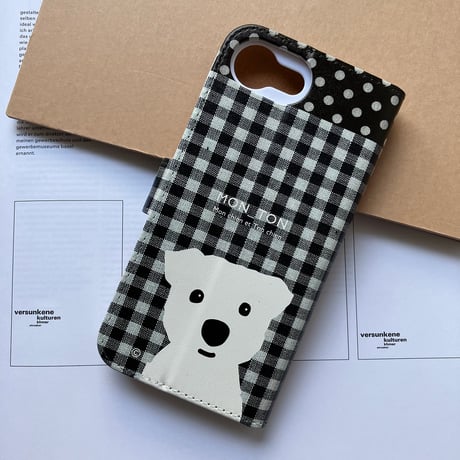 白ワンコ2人ギンガムcheck手帳型手帳型スマホケース / アンドロイドも対応