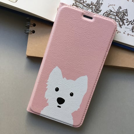 Aベルト無し 白ワンコ2人   手帳型 iPhone /android版はカメラ穴無し