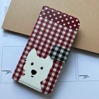 白ワンコ2人ギンガムcheck手帳型手帳型スマホケース / アンドロイドも対応