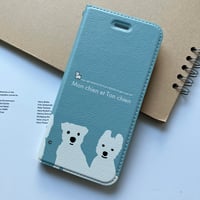 ベルト無し白ワンコ５人 手帳型iPhone/androidはカメラ穴無し