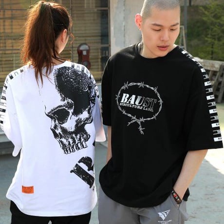 『BAUST』  ラベルモチーフスカルショートスリーブ Tシャツ (Black)