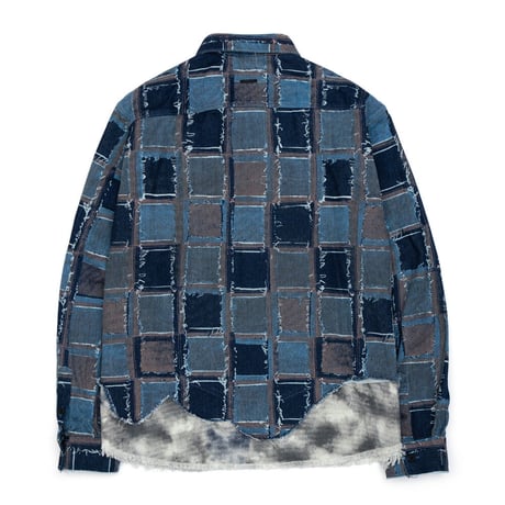 『BLACKBLOND』　クラシックロゴパッチワークパターンレイヤードデニムシャツ (Blue)