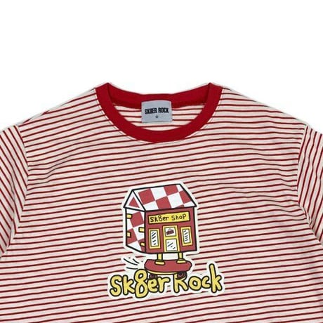 『SK8ER ROCK』 　SK8ショップストライプ半袖 Tシャツ (Red)