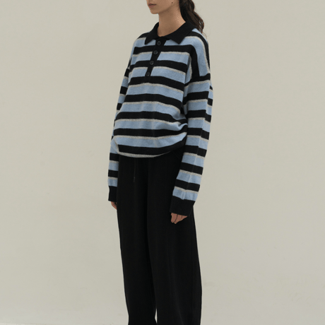 『HIFIFNK』  ラマウールストライプポロシャツ (Black)