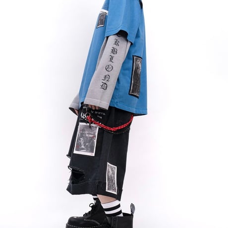 『BLACKBLOND』  Chaos Patch Fold Up Denim Shorts (Black)
