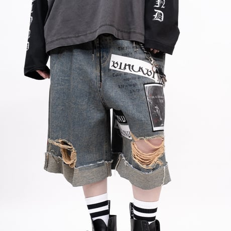 『BLACKBLOND』  Chaos Patch Fold Up Denim Shorts (Rusty Blue)