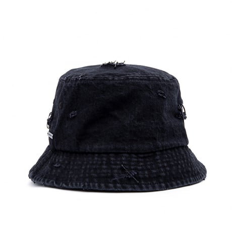 『BLACKBLOND』  リップトカスタムスマイルロゴデニムバケットハット (Black)