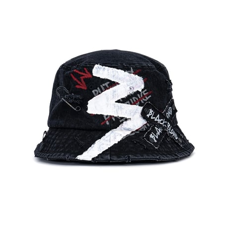 『BLACKBLOND』   smile logo denim bucket hat dirty custom ver. (Black)