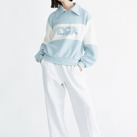 『Code:graphy』 　big collar color block knit half zip-up (Sky Blue)