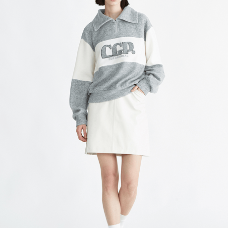 『Code:graphy』 　big collar color block knit half zip-up (Grey)