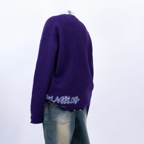 『BLACKBLOND』　hand-stitched logo ripped sweater (Purple)