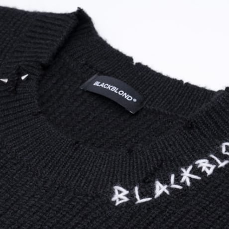 『BLACKBLOND』　hand-stitched logo ripped sweater (Black)