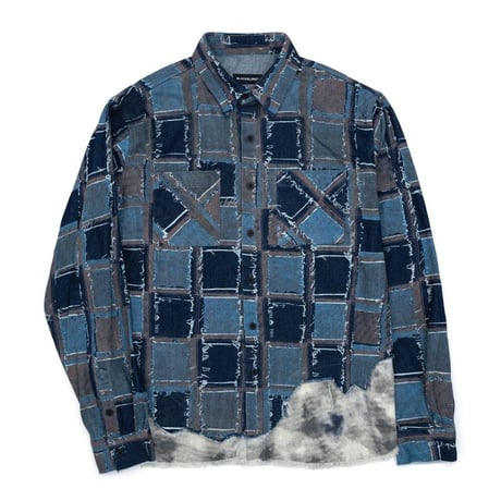 『BLACKBLOND』　クラシックロゴパッチワークパターンレイヤードデニムシャツ (Blue)
