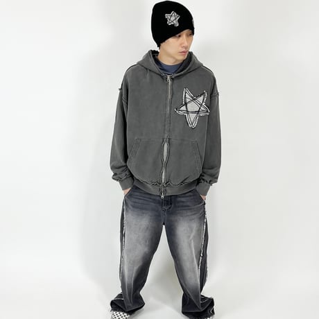 『SK8ER ROCK』 　スターリバースピグメントスウェットパーカージップアップ (Charcoal)