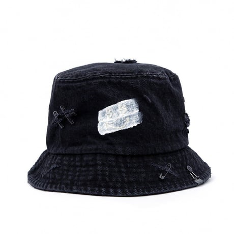『BLACKBLOND』  リップトカスタムスマイルロゴデニムバケットハット (Black)