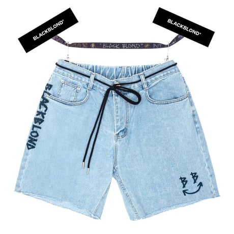 『BLACKBLOND』  スマイルグラフィティーロゴショートデニムパンツ (Denim)