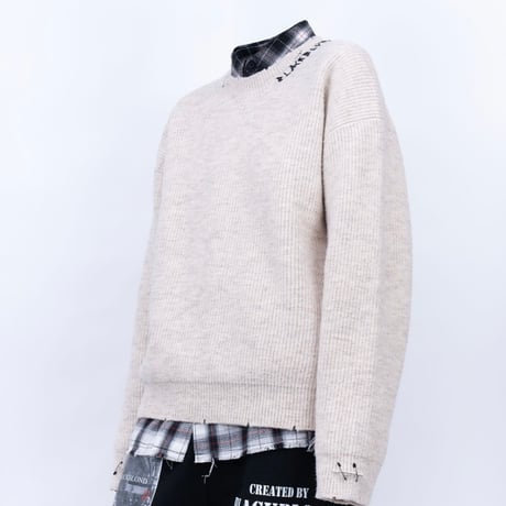 『BLACKBLOND』　hand-stitched logo ripped sweater (Oatmeal)
