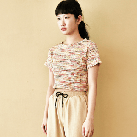 『FREAKISH BUILDING』  マルチカラーワッフルショートスリーブクロップ Tシャツ (Yellow)