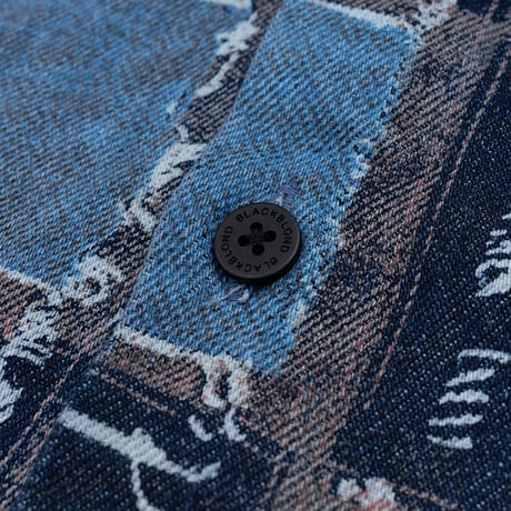 『BLACKBLOND』　クラシックロゴパッチワークパターンレイヤードデニムシャツ (Blue)