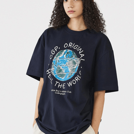 『Code:graphy』 　グリーンアースロゴ Tシャツ (Navy)