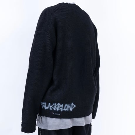『BLACKBLOND』　hand-stitched logo ripped sweater (Black)