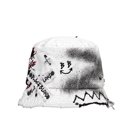 『BLACKBLOND』   smile logo denim bucket hat dirty custom ver. (White)