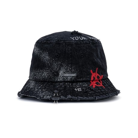 『BLACKBLOND』   smile logo denim bucket hat dirty custom ver. (Black)
