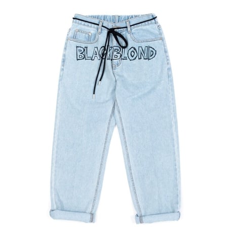 『BLACKBLOND』 　ボーダーグラフィティースマイルロゴデニムパンツ (Light Blue)