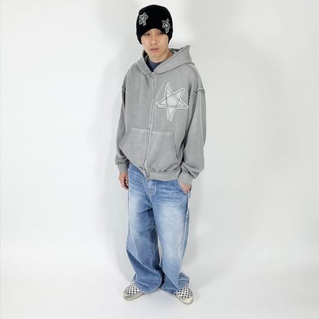 『SK8ER ROCK』 　スターリバースピグメントスウェットパーカージップアップ (Grey)