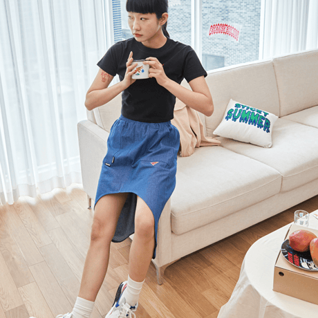 『FREAKISH BUILDING』 SEGU UNBALANCE MIDI SKIRT (Denim)