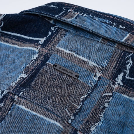 『BLACKBLOND』　クラシックロゴパッチワークパターンレイヤードデニムシャツ (Blue)