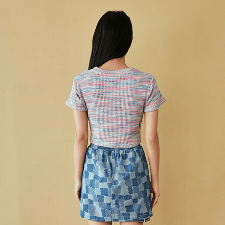 『FREAKISH BUILDING』  マルチカラーワッフルショートスリーブクロップ Tシャツ (Pink)