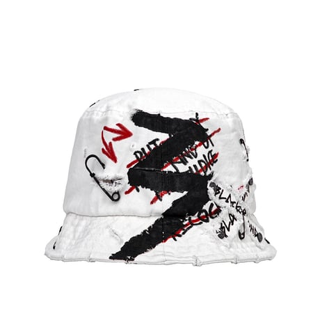 『BLACKBLOND』   smile logo denim bucket hat dirty custom ver. (White)