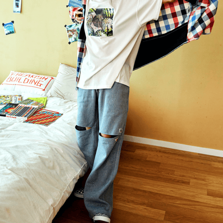 『FREAKISH BUILDING』 ピークスリットロングパンツ (Denim)