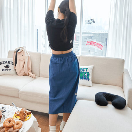 『FREAKISH BUILDING』 SEGU UNBALANCE MIDI SKIRT (Denim)