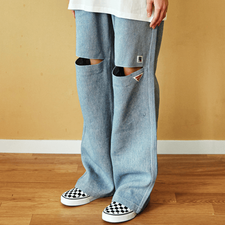 『FREAKISH BUILDING』 ピークスリットロングパンツ (Denim)