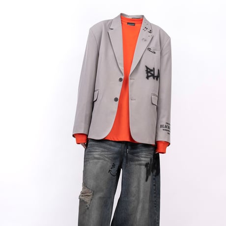 『BLACKBLOND』　graffiti logo plercing blazer (Beige Grey)