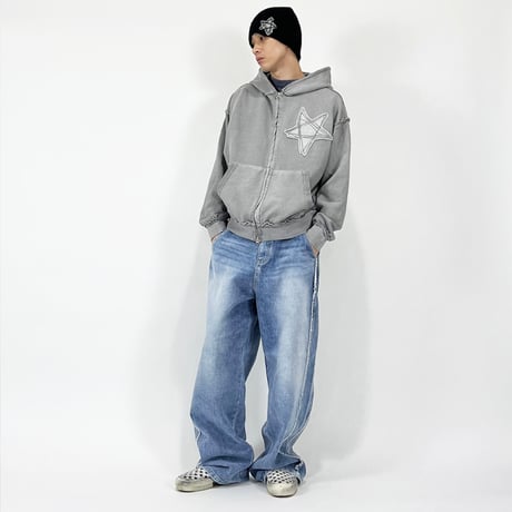 『SK8ER ROCK』 　スターリバースピグメントスウェットパーカージップアップ (Grey)