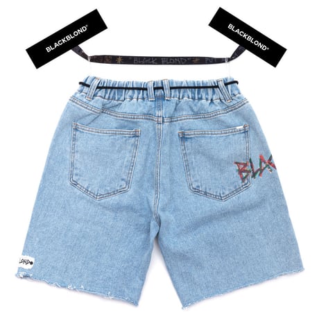 『BLACKBLOND』  ペインテッドグラフィティーロゴショートデニムパンツ (Light Blue)