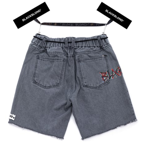 『BLACKBLOND』  ペインテッドグラフィティーロゴショートデニムパンツ (Dark Gray)